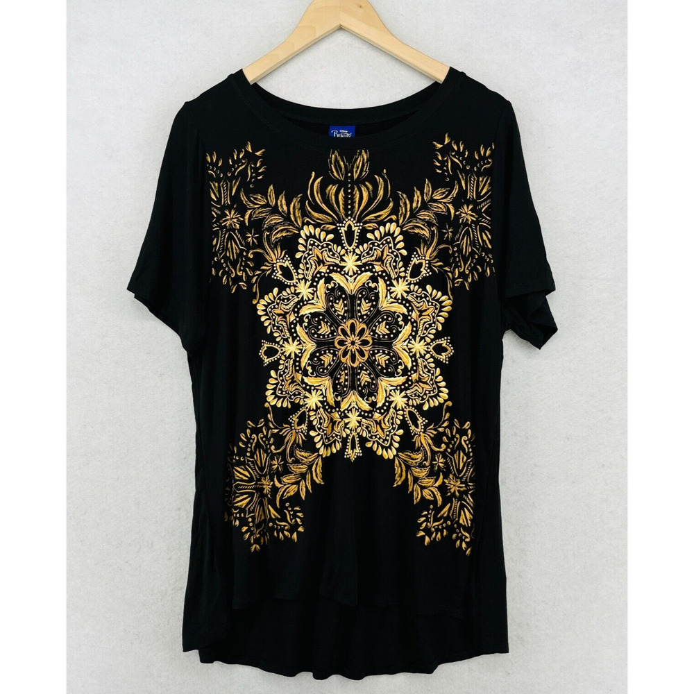 BEAUTY AND THE BEAST Top Women 0X Plus Baroque Floral Short Sleeve Stretch Black